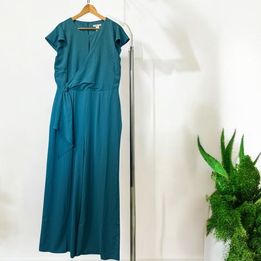 London Times Teal Wide Leg Jumpsuit Wrap Front Flutter Sleeve Evening Size 14